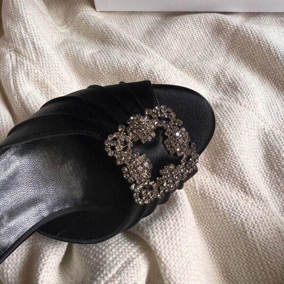 Manolo Blahnik Cassiado d'Orsay Crystal Pump Open Toe 90 mm Black Satin 36 NEW - Picture 12 of 13